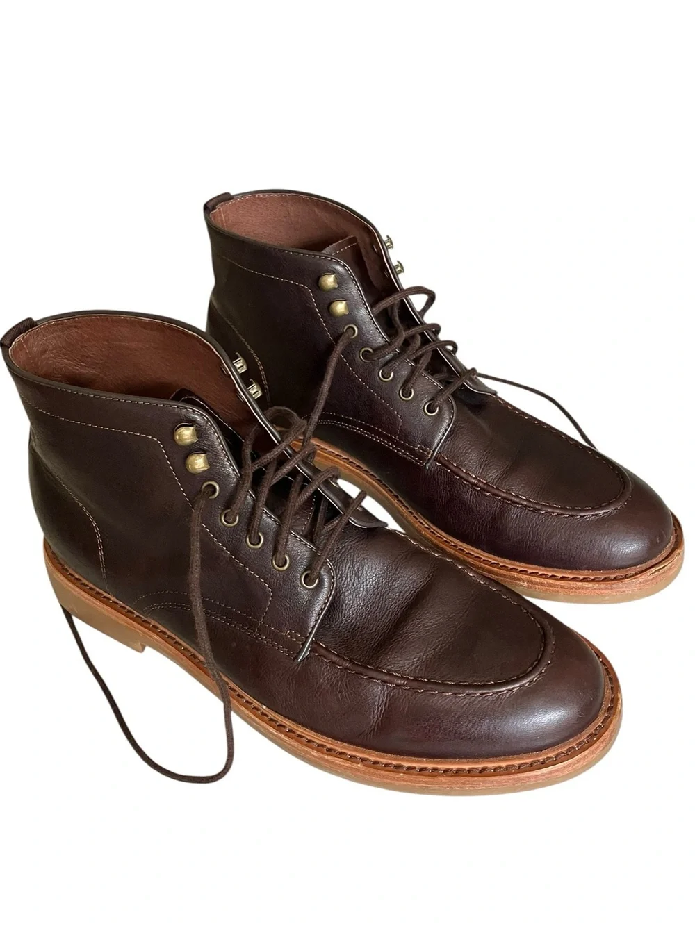 Warfield & Grand Trench Moc Toe Boots Brown Leather Brass Hardware Men’s 9